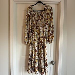 Elegant Floral Midi Dress in Brown and White